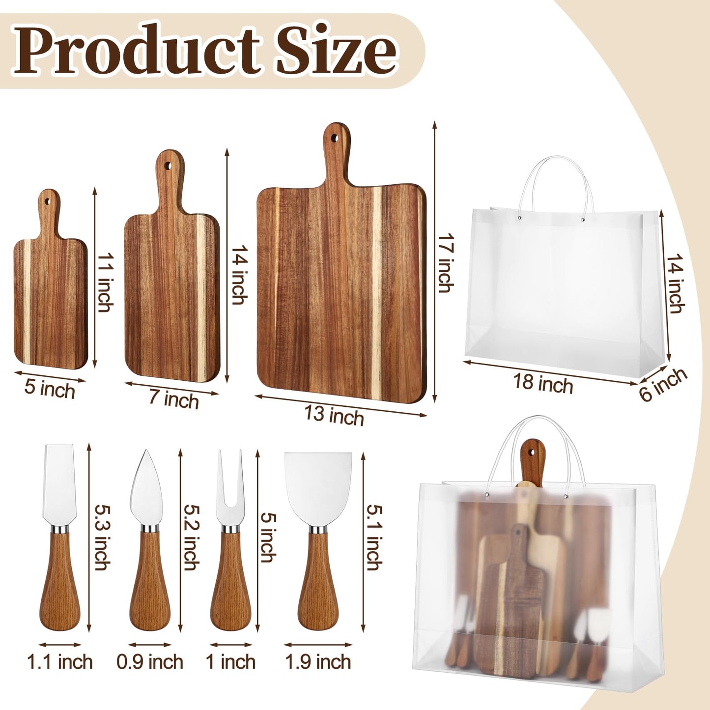 Acellegic 8 Pcs Cheese Prizes Acacia Wood Cutting Boards Gift Set Bridal Baby Shower with Cheese Knives Set PVC Bag Wooden Square Board for Bridal Baby Shower Housewarming Christmas