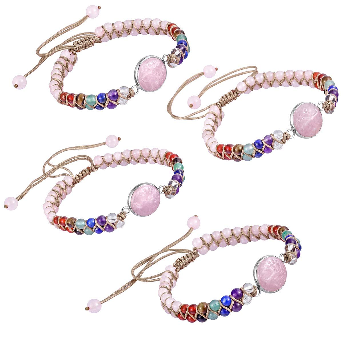 Nupuyai 7 Chakras Bead Stone Bracelet - 4mm Yoga Beaded Double Layer Healing Crystal Bracelet for Women Men Macrame Adjustable Bracelet, Rose Quartz