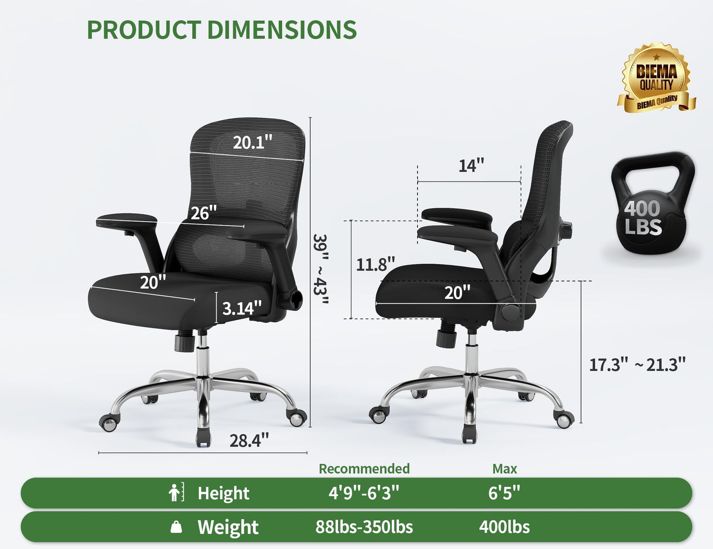 Office Chair Ergonomic Desk Chair Comfy: 400LBS Mesh Computer Chair Ergonomic Gaming Chairs with Wheels Adjustable Lumbar Support and Flip up Armrest-Swivel Executive Chairs Long Hours(Full Black)