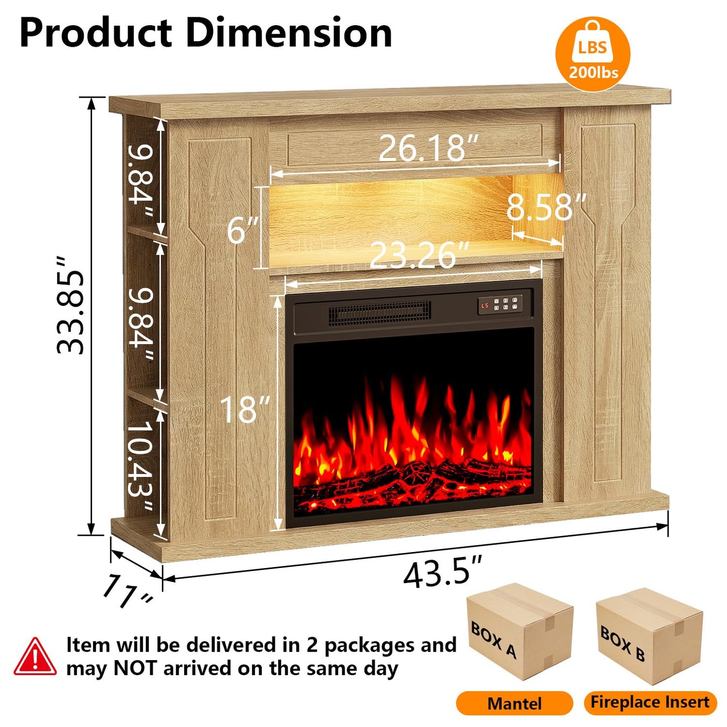 43" Electric Fireplace with Mantel, Freestanding 23" Fireplace Insert Heater with 7 Adjustable Flame Colors, Wooden Entertainment Center with Storage Shelf and LED Light for Living Room, Light Oak