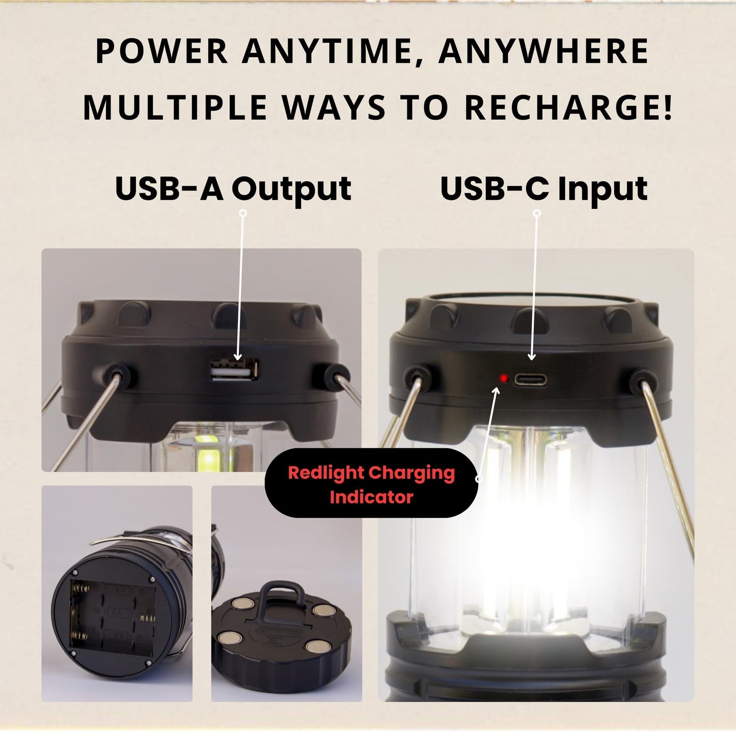 Rechargeable Camping Lantern, Pack of 2 - LED Camping Lantern Battery Powered, Waterproof Solar Lantern for Emergency, Hiking & Power Outages | USB-C Rechargeable, Collapsible, 360° Light