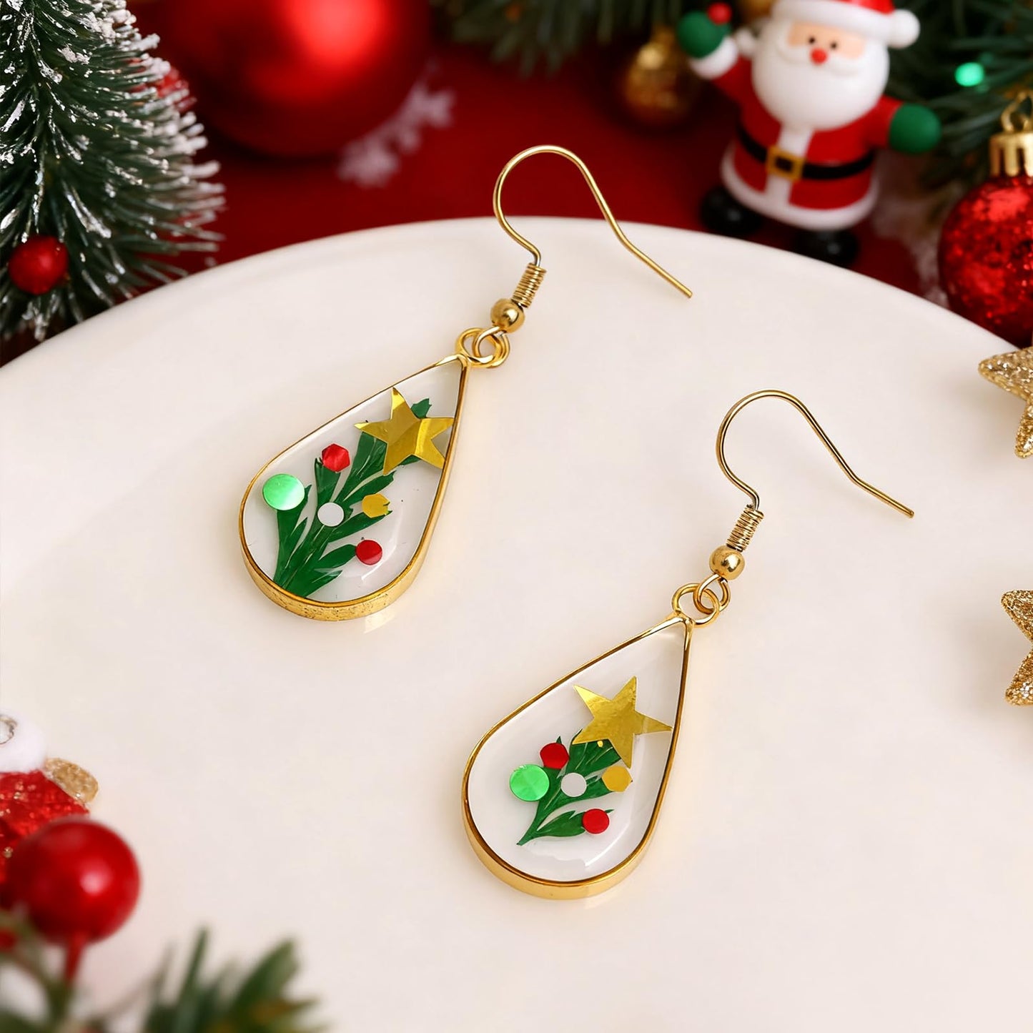 Jean Beau Handmade Pressed Leaf Earrings for Women, Unique Resin Star Green Dried Leaves Gold Plated Teardrop Dangle Drop Nature Floral Earings Fashion Summer Christmas Jewelry Gift