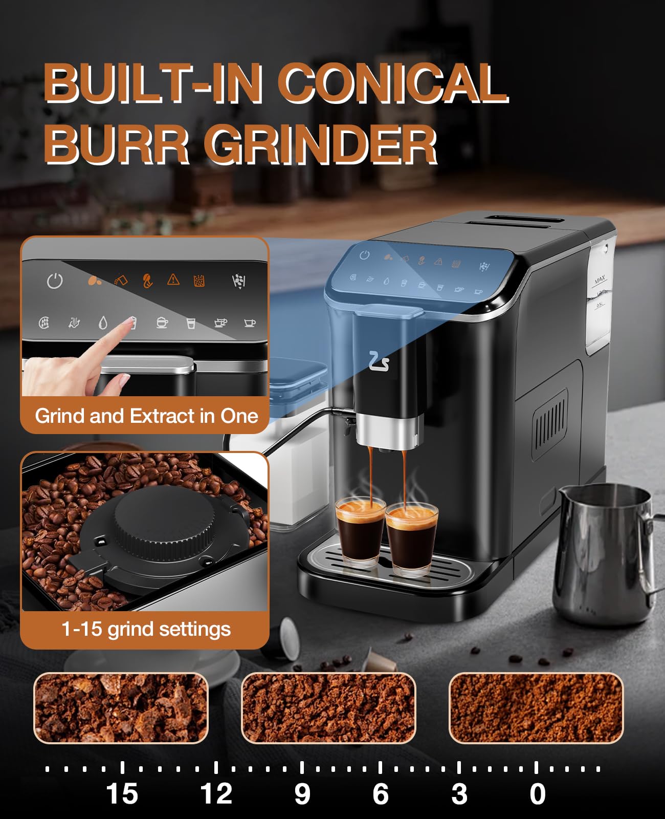 Zstar Fully Automatic Espresso Machine with Milk Frother, Professional Espresso Maker with Grinder, Auto-Cleaning, One-Touch Operation, 1.5L Water Tank for Latte, Cappuccino, Macchiato