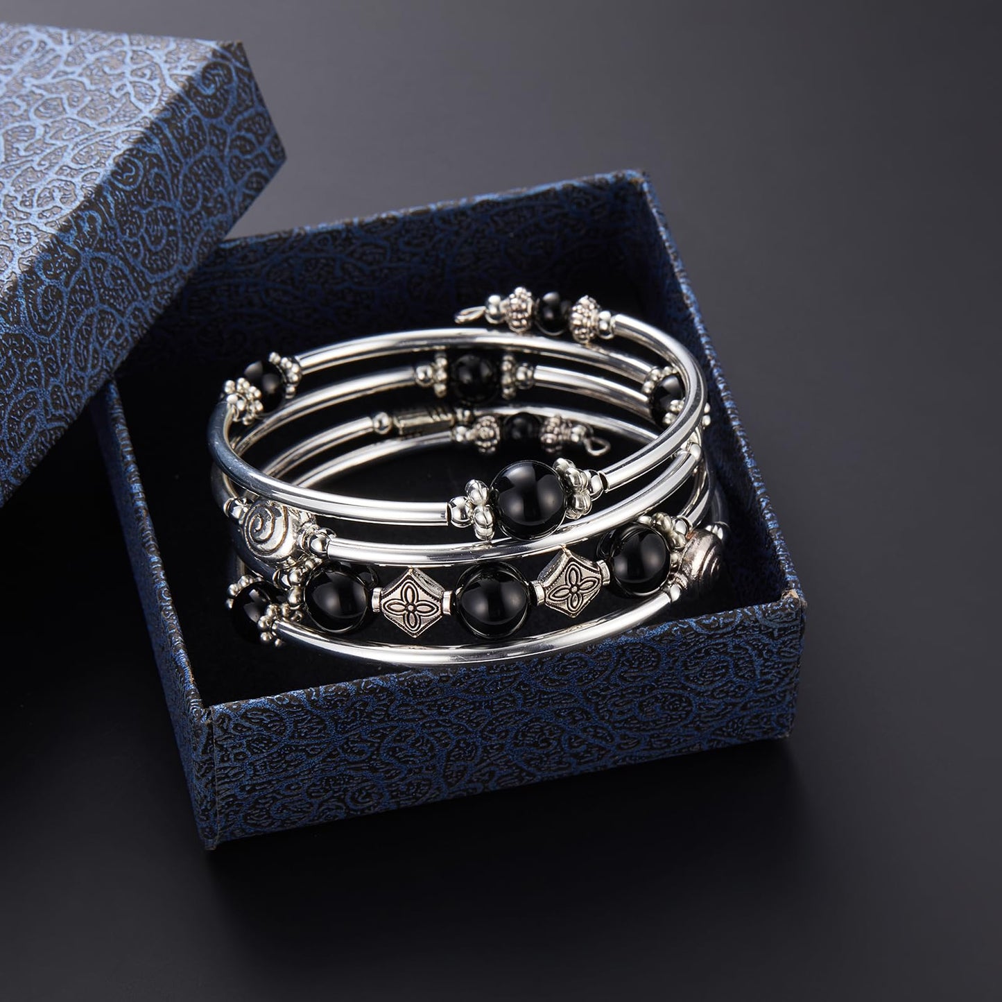 Beaded Pearl Bangle Wrap Bracelet - Fashion Bohemian Jewelry Multilayer Charm Bracelet with Thick Silver Metal Beads, Gift For Women(Black)