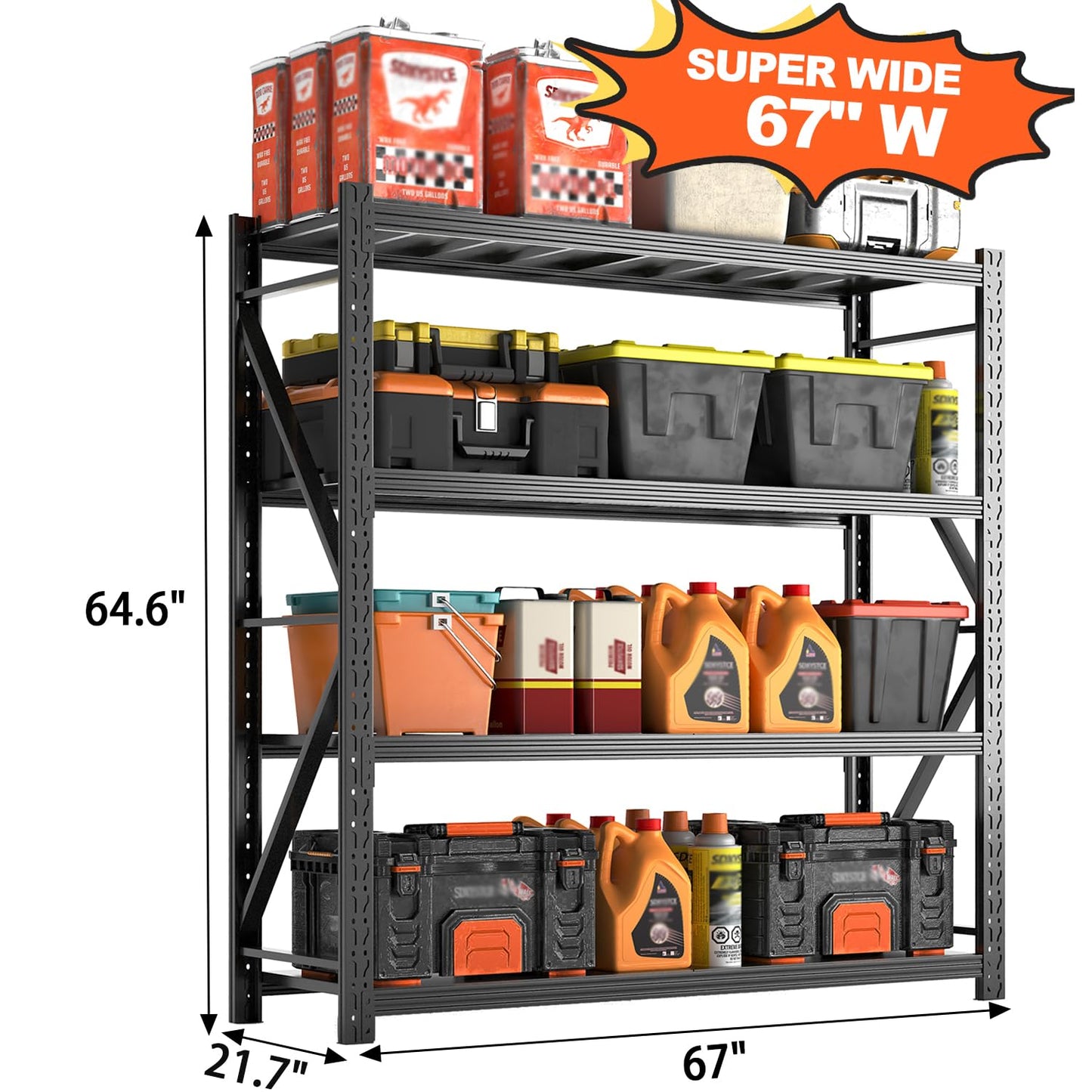 Jaqiumn Metal Garage Shelving Unit, Heavy Duty Adjustable Industrial Storage Shelves, Steel Storage Rack for Garage, Warehouse, Basement, Black, 64.6" H x 67" W x 21.7" D, 1 Pack