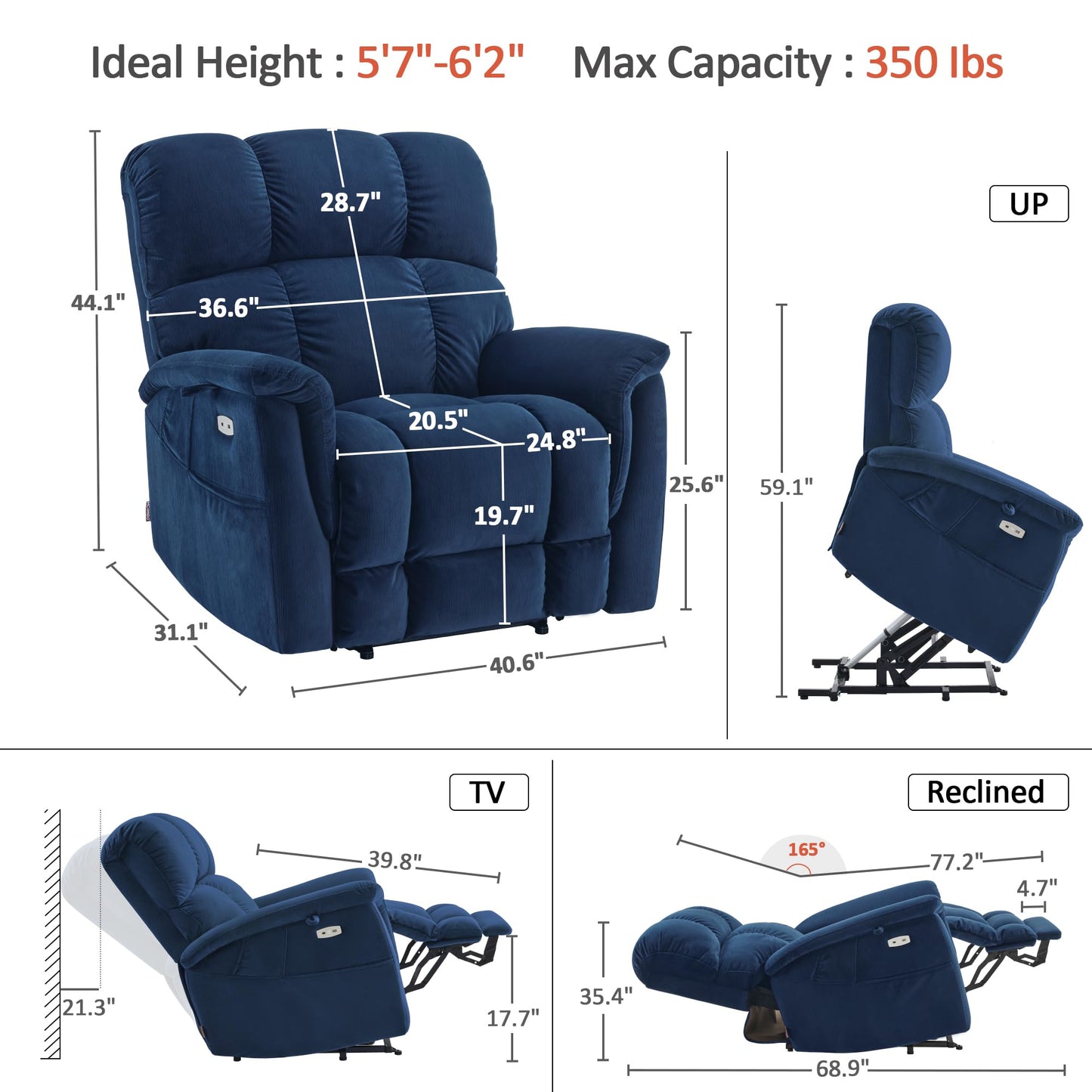 MCombo Large-Wide Dual Motor Power Lift Recliner Chair, Massage and Dual Heating for Elderly People, Infinite Position, Fabric R7166 (Navy Blue)