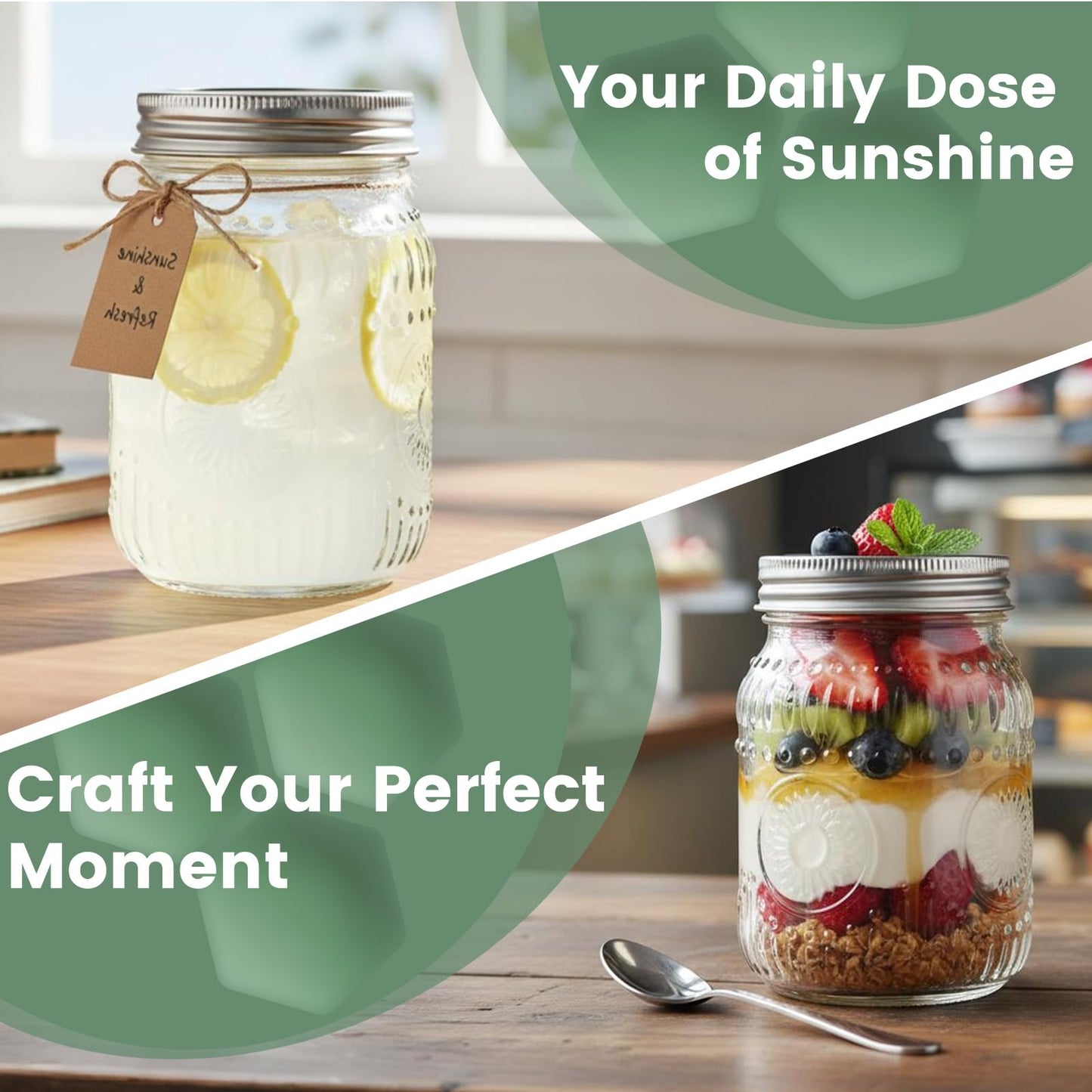 16oz Mason Jars with Airtight Rust-Proof 304 Stainless Steel Lids and Bands, 4 Pack with Elegant Sunflower Embossing, Pint Glass Jars for Meal Prep, Pickling, Overnight Oats, Dry Food & DIY Crafts