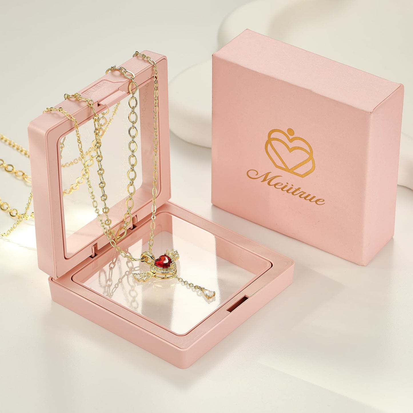 MEIITRUE Heart Necklace for Women Trendy,14k Gold Plated Dainty Layered Necklaces Set Cubic Zirconia Love Drop Pendant with Movable Wings Personalized Choker Chain Jewelry Gift Pink