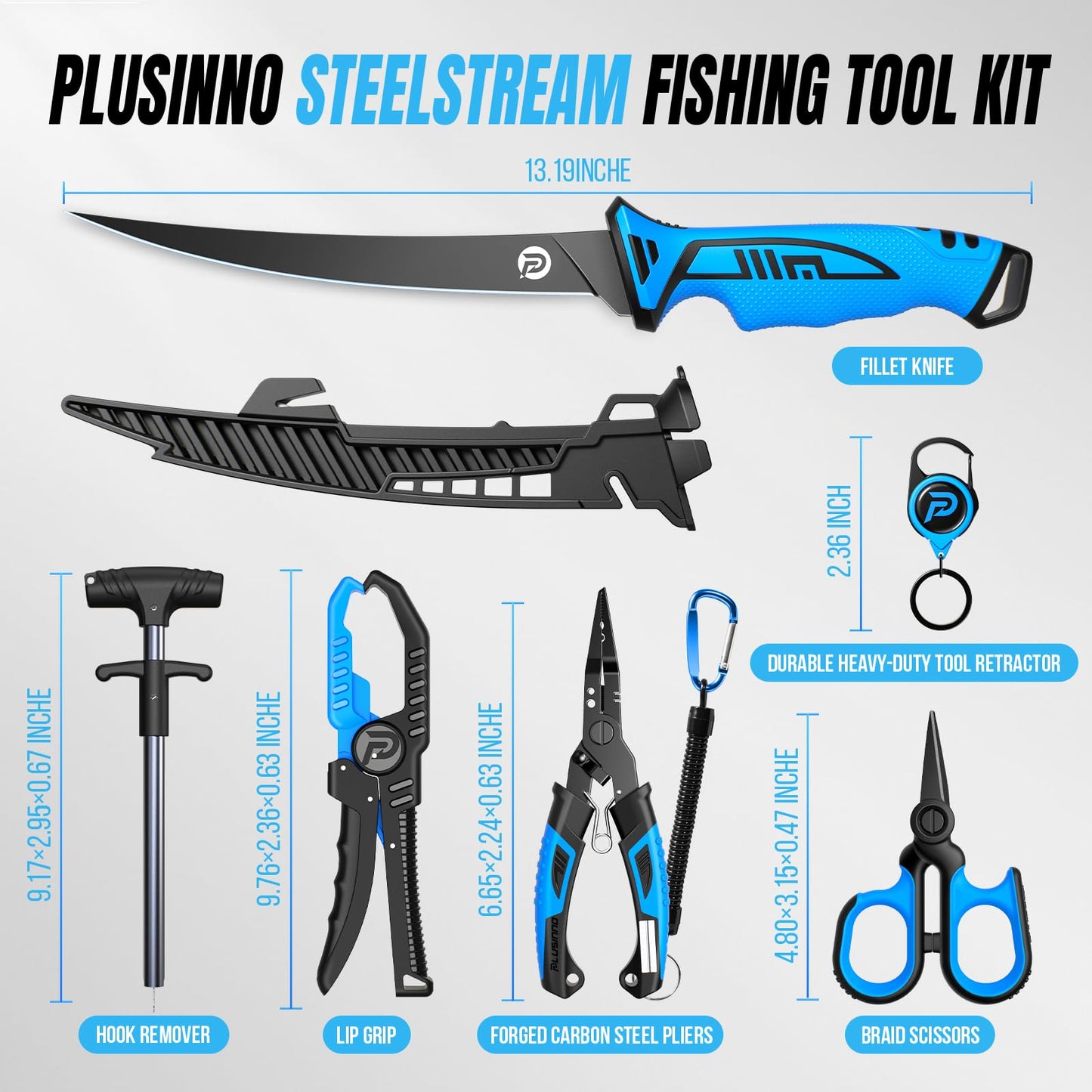 PLUSINNO Fishing Gear, Fishing Tools, 7PCS Fishing Accessories, Corrosion Resistant Fishing Pliers Kit, Fishing Knife, Floating Fish Lip Gripper Fishing Gifts for Men, Gifts for Fishermen