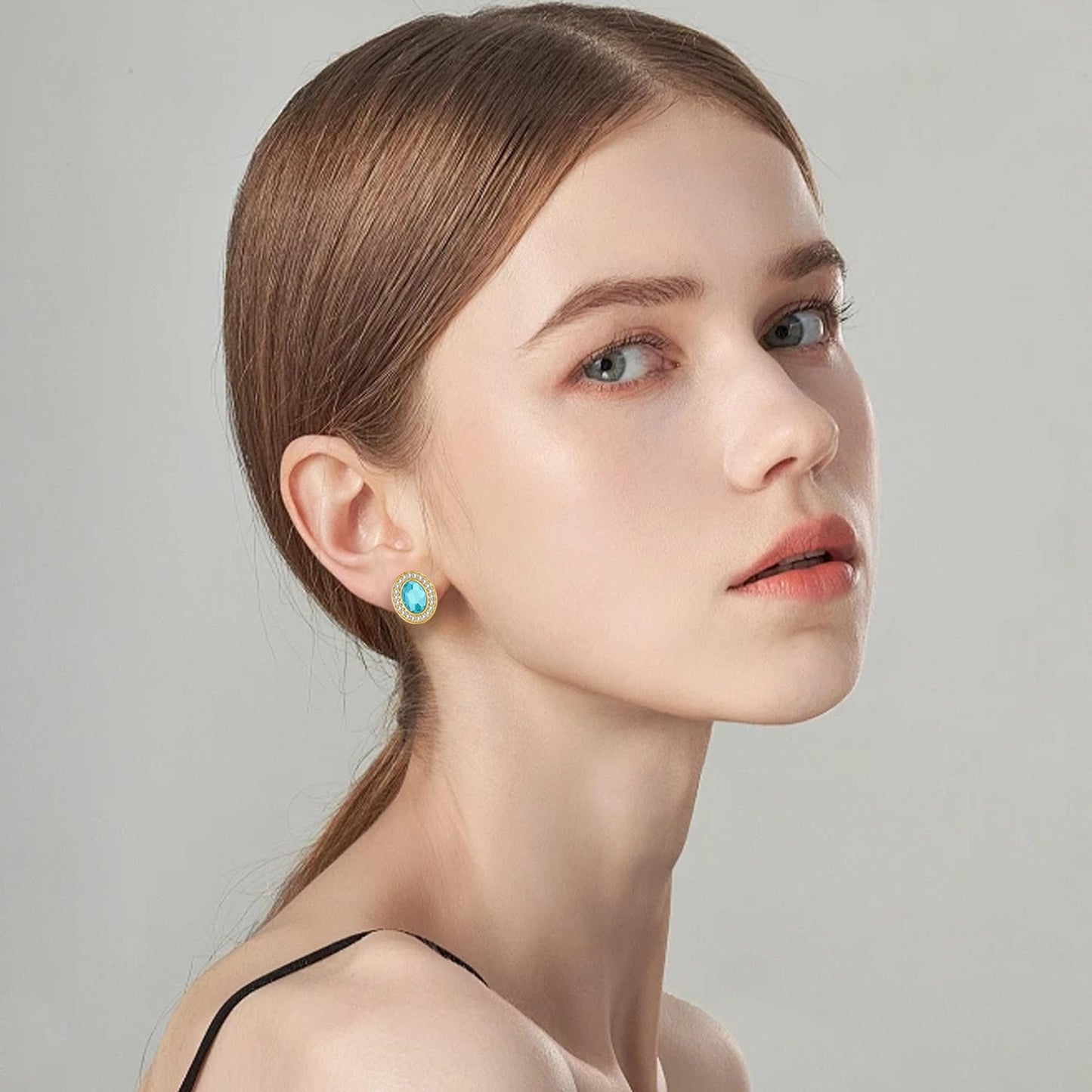 EVEVIC Austrian Crystal Halo Oval Stud Earrings for Women Trendy,14k Gold Plated Hypoallergenic Earring Jewelry Gift (Aquamarine)