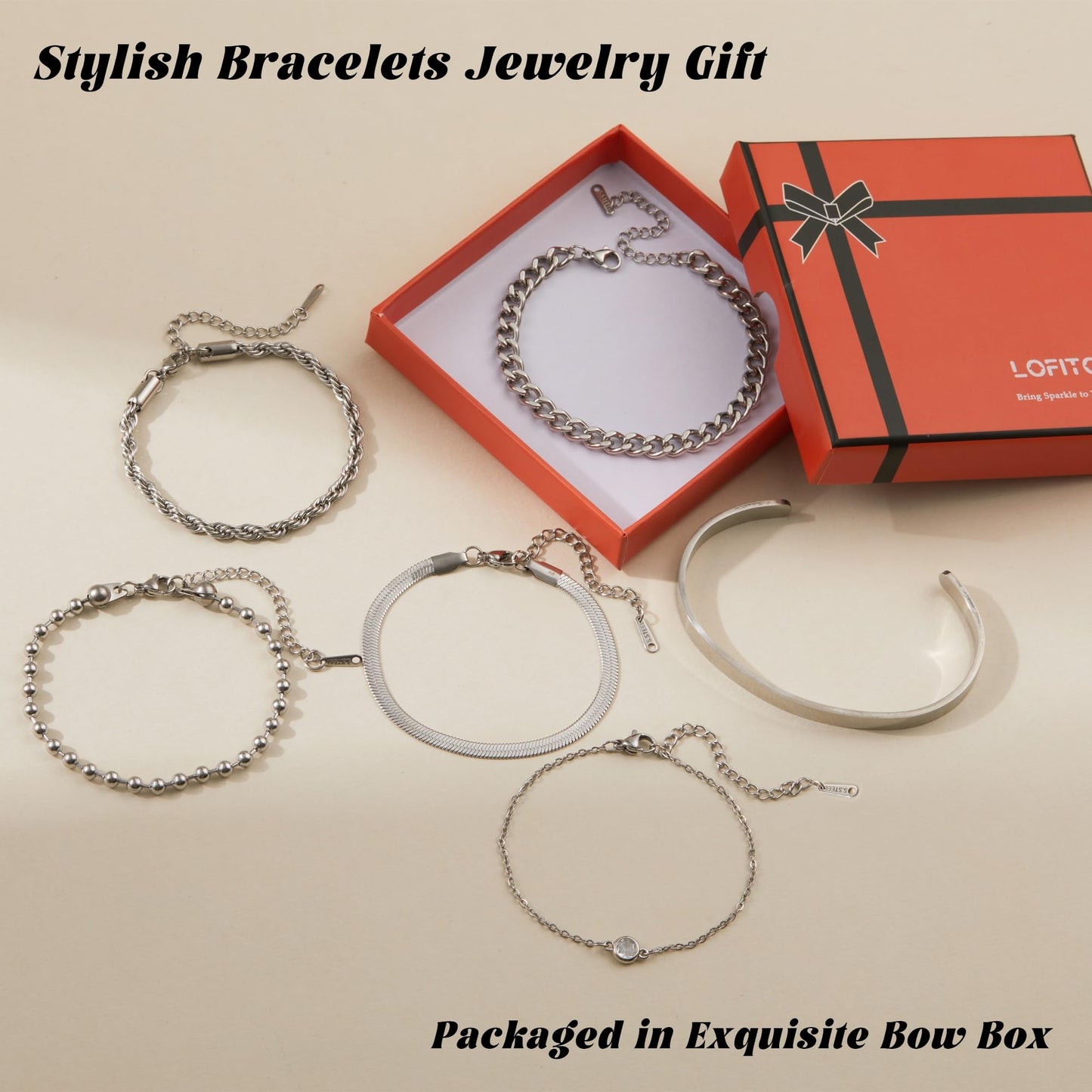 LOFITOR Silver Bracelets for Women Dainty Non Tarnish Link Chain Bracelet Set for Women Trendy Adjustable Chunky Thin Bracelets Stack Layered Cuff Beaded Cuban Rope CZ Heart Cross Jewelry Gift CZ