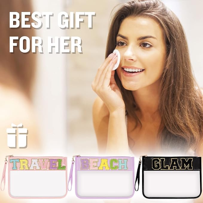 Chenille Letter Clear Snack Bag Purse, Monogram PVC & PU Zipper Pouch With Wristlet, Waterproof Portable Glitter Makeup Beach Toiletry Bag for Women Girls (SNACKS-Black)
