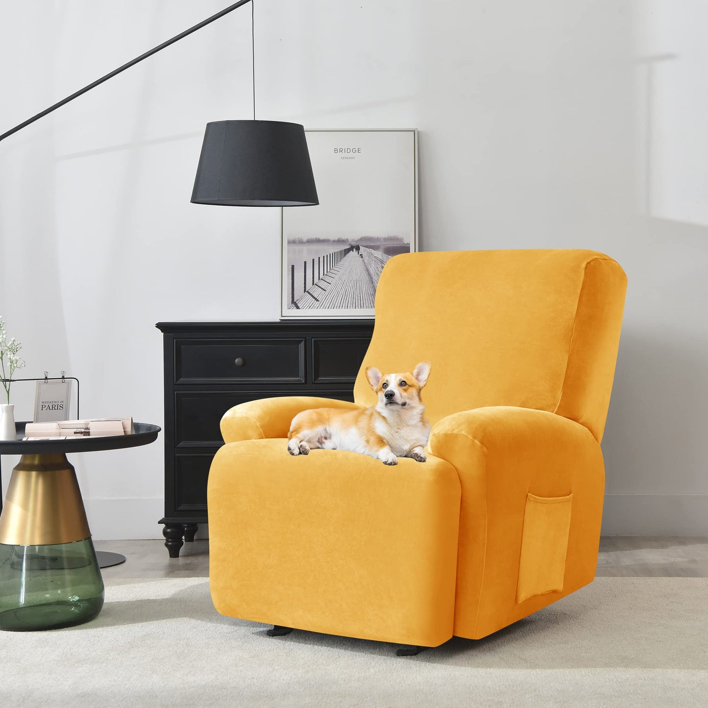 Deisy Dee 4-Piece, 1 Seat Recliner Cover, Soft Velvet Recliner Chair Covers- Stay-in-Place Slipcovers for Recliner Chair (Yellow)