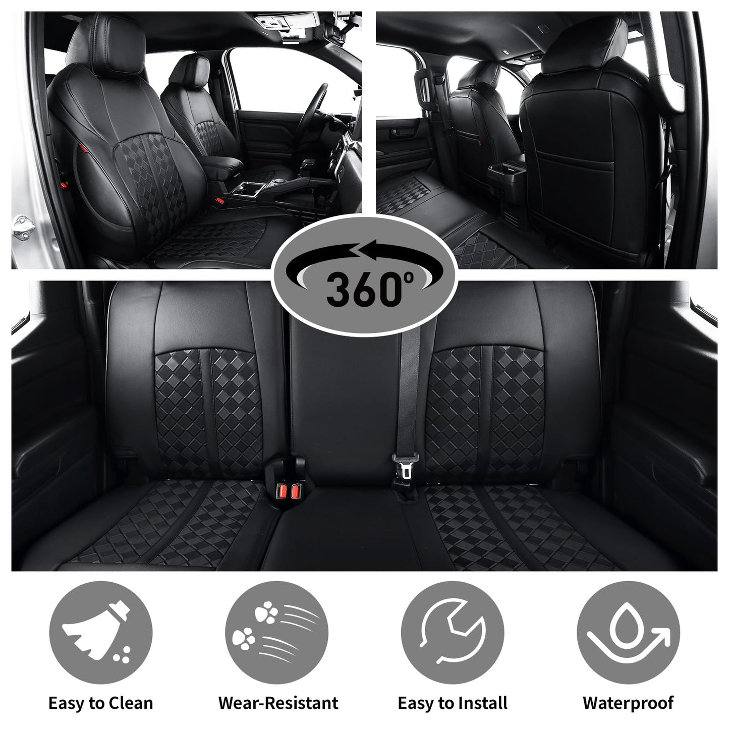 Custaura Tacoma Seat Covers Custom for Toyota Tacoma 4th Gen 2024 2025 2026 Double Cab SR,SR5,TRD Sport,TRD Off-Road,Limited,Truck Seat Cover Full Set,Waterproof Nappa Leather Car Seat Protector(Black