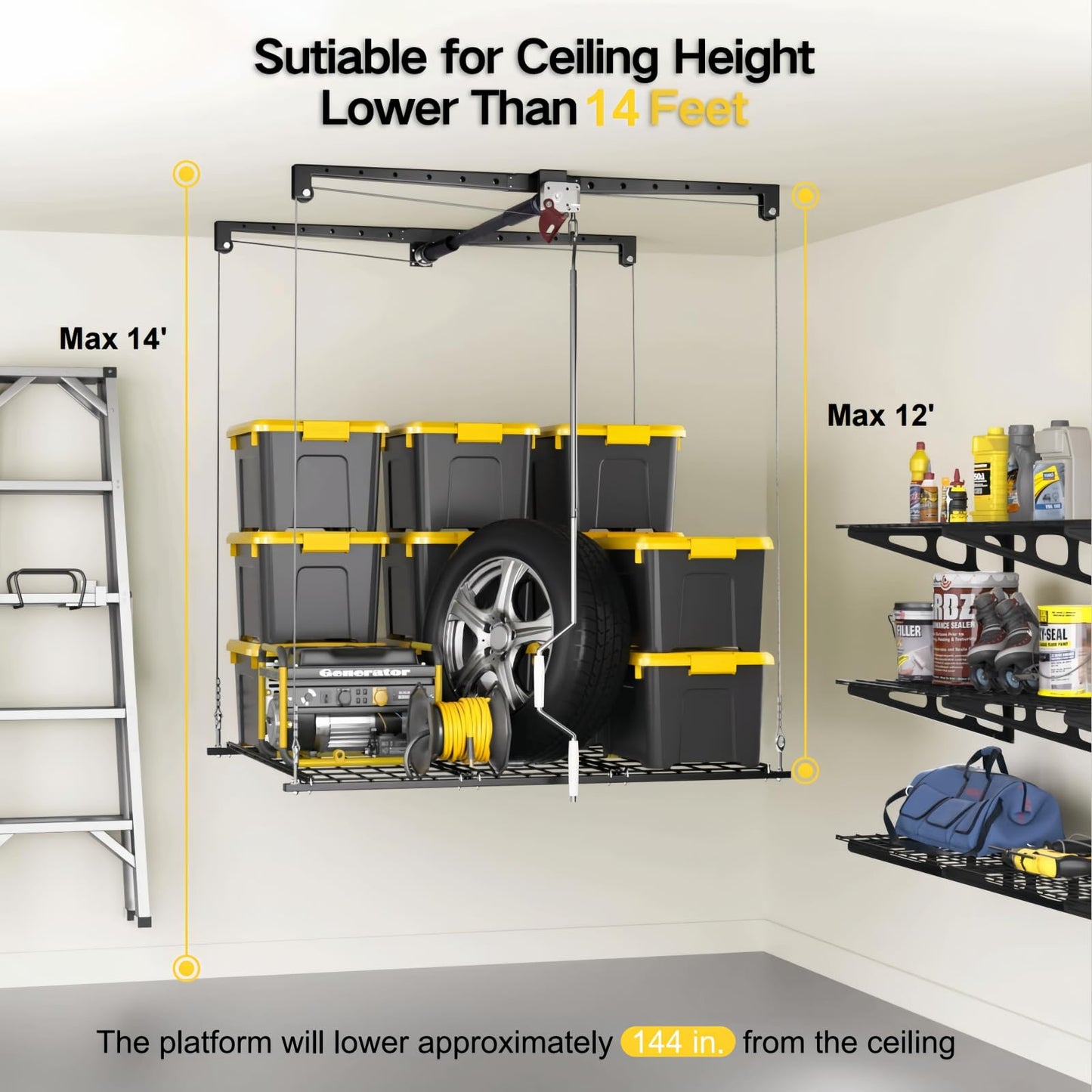 Overhead Garage Storage Rack for 12-14ft Ceiling, Heavy-duty 4x4 FT Garage Ceiling Storage Racks with Safety Lock, Ideal for Storage Mounted Lift System and Storage Organizer, 250lbs Capacity