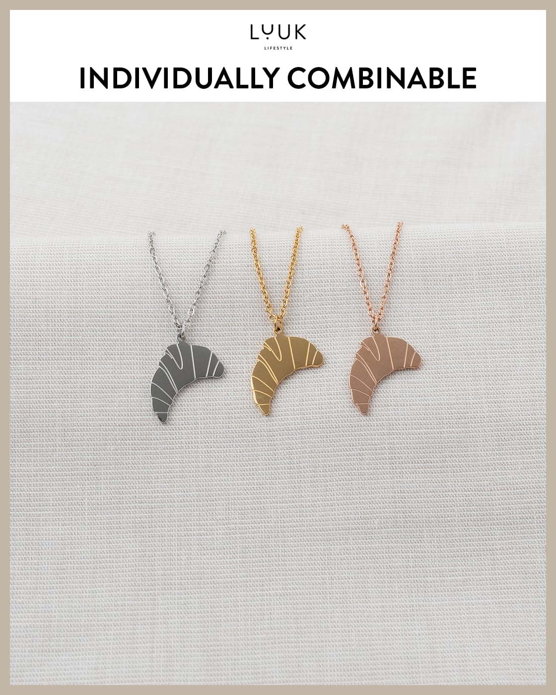 LUUK LIFESTYLE Stainless steel Croissant pendant, 14k Silver plated, necklace, Gift Card 19in adjustable waterproof thin sturdy chain gift for women france vacation dainty chic modern trendy aesthetic
