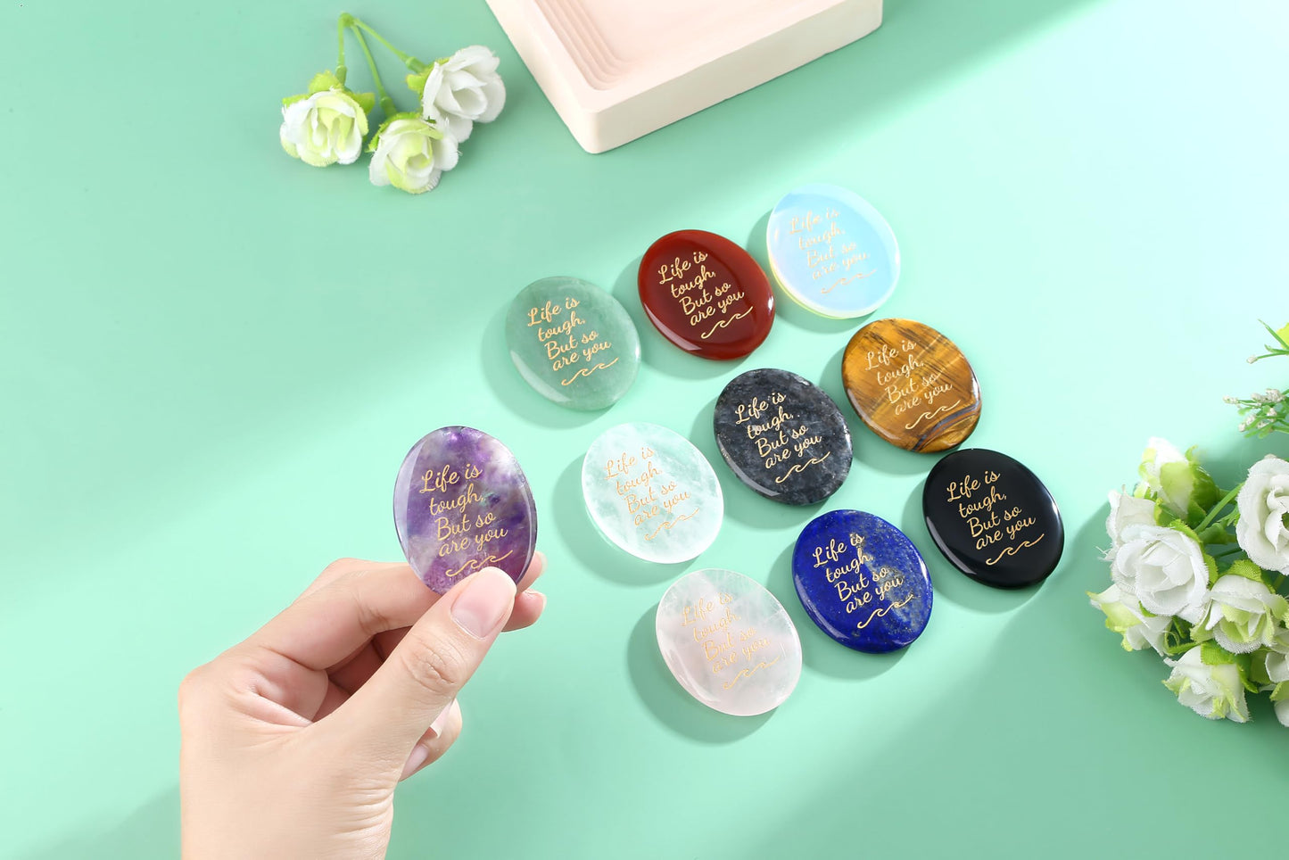 NUKAYAI Inspirational Gifts Worry Stone Red Agate Stone Crystal Natural Healing Crystals Oval Tiny Stress Relief Trinkets Fidget Palm Meditation Accessories Anxiety Relief Items Gifts for Women Men