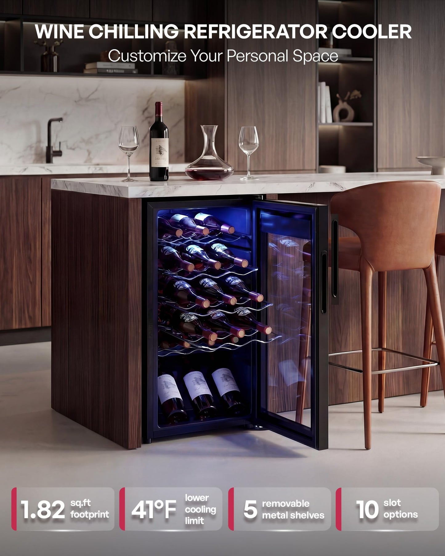Icyglee 18 Bottle Compressor Wine Cooler Refrigerator,Freestanding Wine Fridge with Digital Temperature Control & Double-layer Glass Door, 41-64°F Wine Cellar for Red Wine, Champagne, Beer, Black