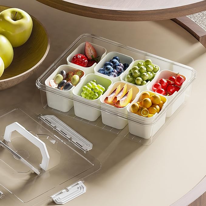 REBECAT Divided Serving Tray with Lid and Handles 8 Compartments Snack Box Container Charcuterie Organizer Snackle Box Container for Candy,Nuts,Fruits,Snacks,2 Pack,White