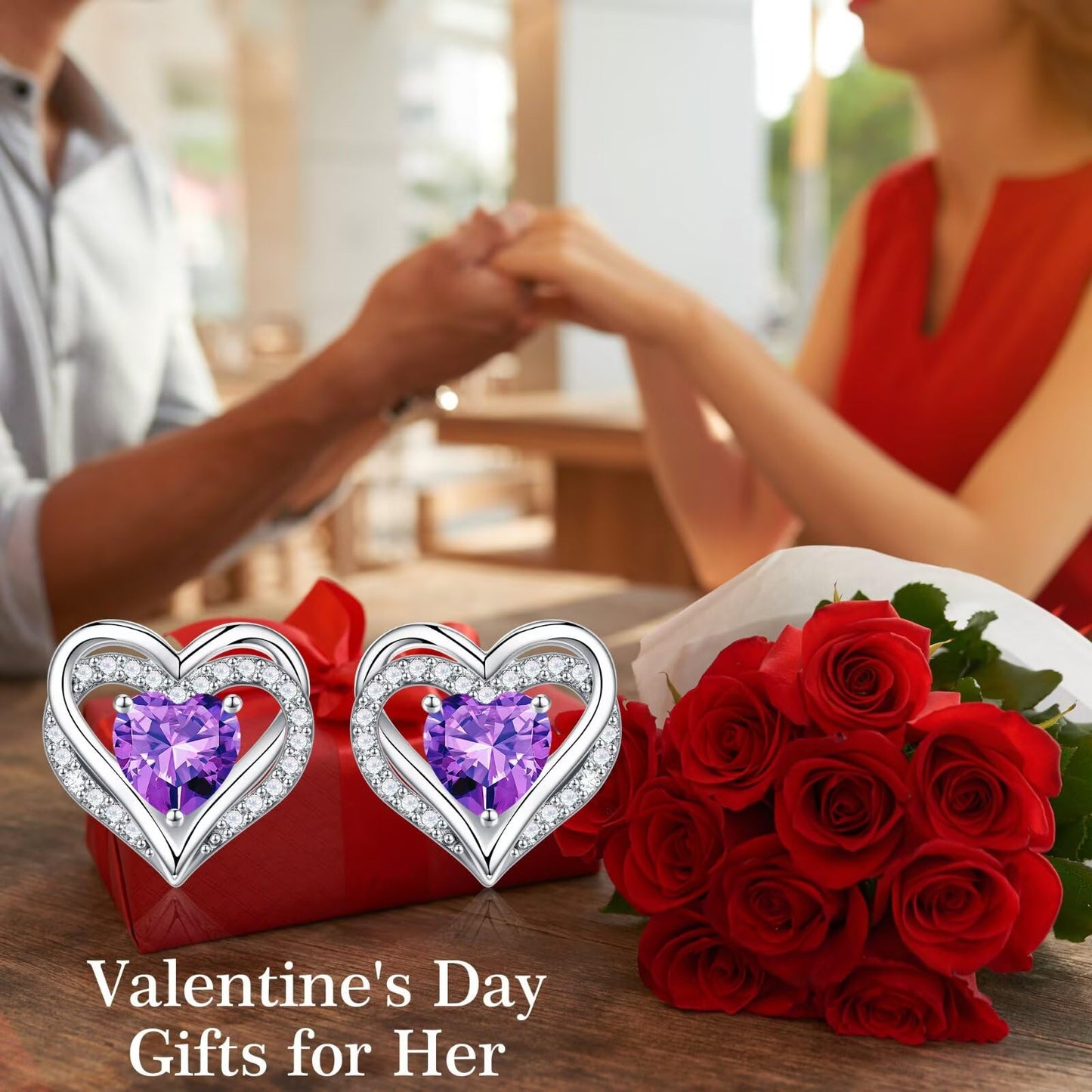 Iefil Earrings for Women, 925 Sterling Silver March Birthstone Blue Aquamarine Earrings Rose-Gold-Plated Heart Stud Earrings