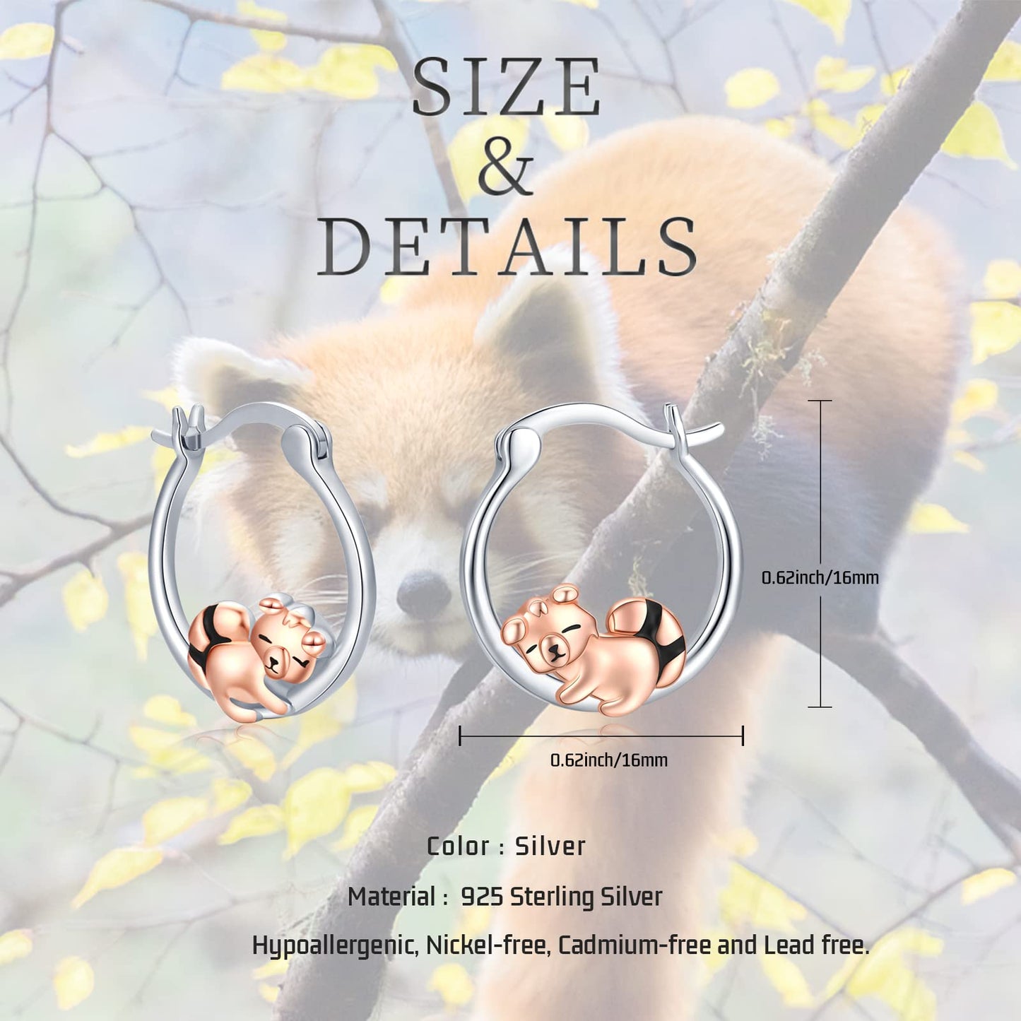 Raccoon Earrings Sterling Silver Red Panda Earrings Hypoallergenic Hoop Earrings for Girls Sensitive Ears Raccoon Jewelry Christmas Graduation Gifts for Women Daughter