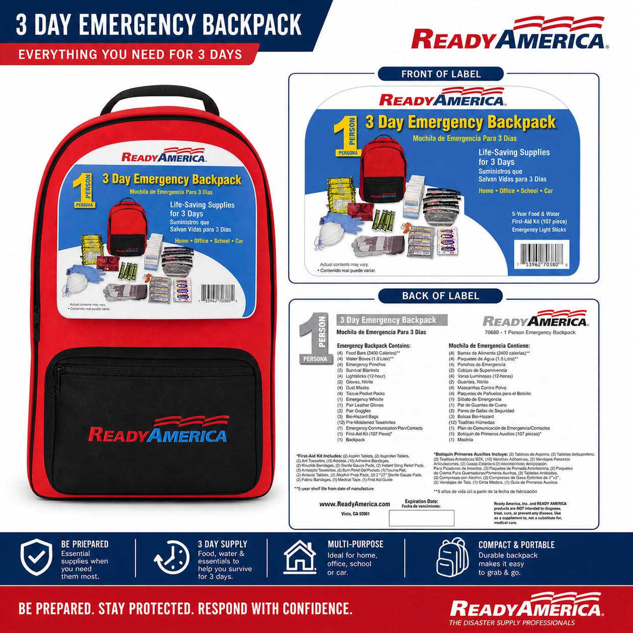 Ready America 70380 72 Hour Emergency Kit, 4-Person, 3-Day Backpack, Includes First Aid Kit, Survival Blanket, Emergency Food Portable Disaster Preparedness Go-Bag for Earthquake, Fire, Flood