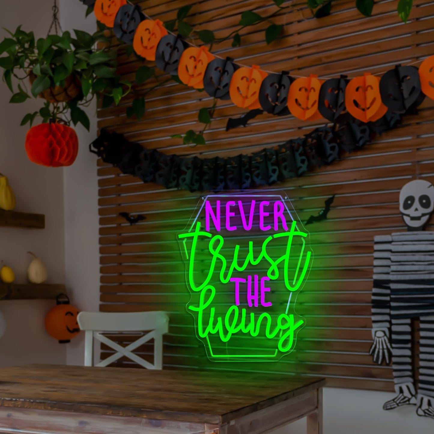 Ajoyferris Never Trust The Living Neon Sign Halloween Led Sign for Wall Decor Halloween Tombstone Neon Light for Party Chamber of Secrets Spooky House Bedroom Dimmable USB Led Light Sign