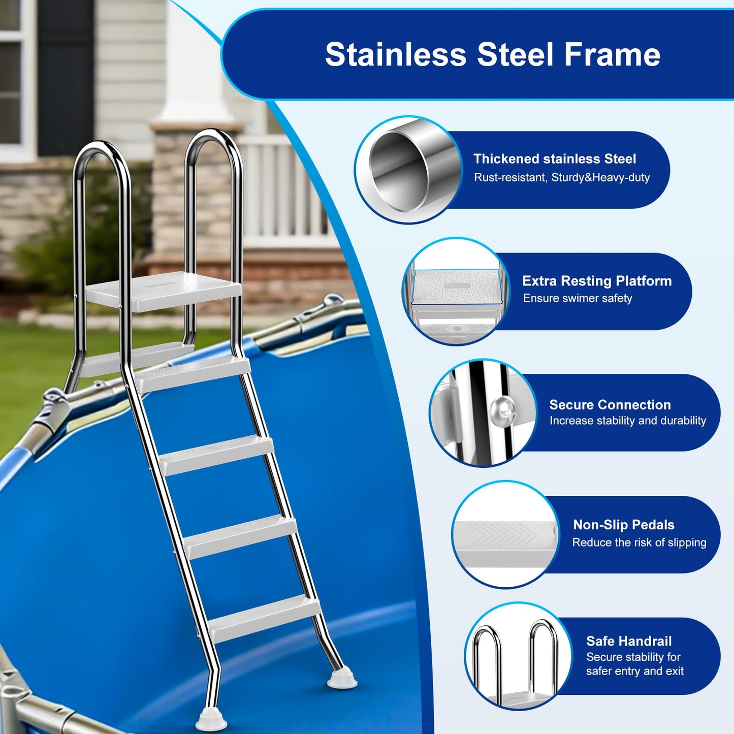 ROMIVO Above Ground Pool Ladder, 48" - 52" Adjustable, 304 Thickened Stainless Steel A-Frame 4-5-Step with Top Platform, Ultra-Stable Non-Slip Design for Family Pools