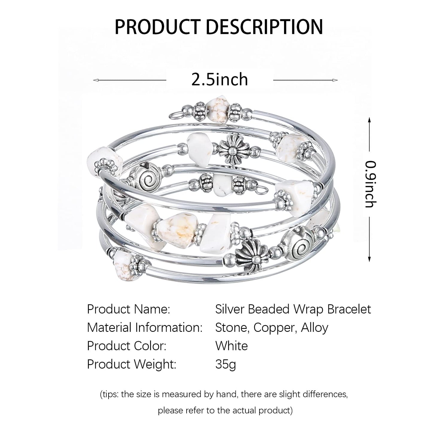 FULU AUTUMN Stone Silver Bangle Wrap Bracelet Boho Turquoise Crystal Chips Bead Bracelets Fashion Jewelry Birthday Gifts for Women(19-White turquoise)
