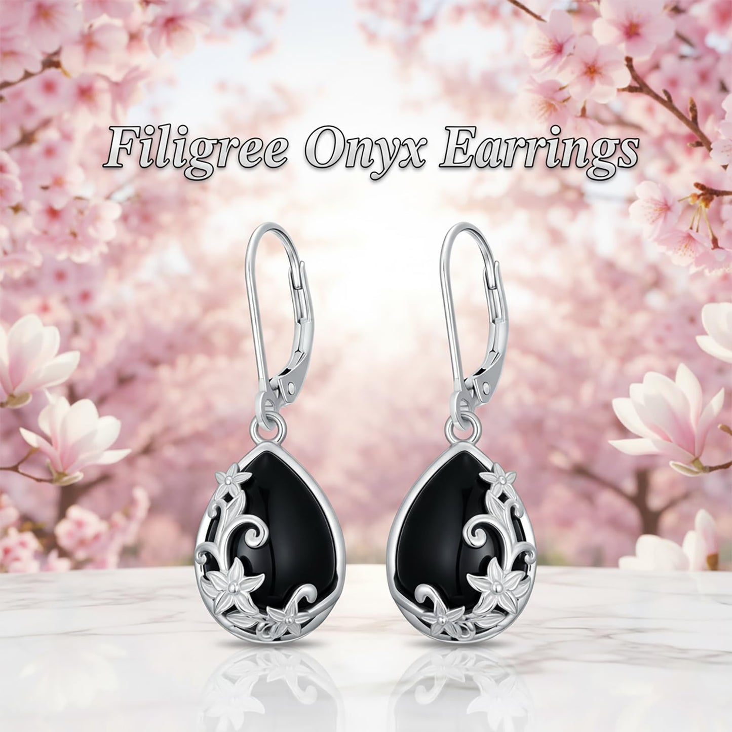 Black Onyx Earrings for Women 925 Sterling Silver Filigree Black Onyx Dangle Drop Earrings Teardrop Leverback Jewelry Mothers Day Gifts for Mom Girlfriend Wife