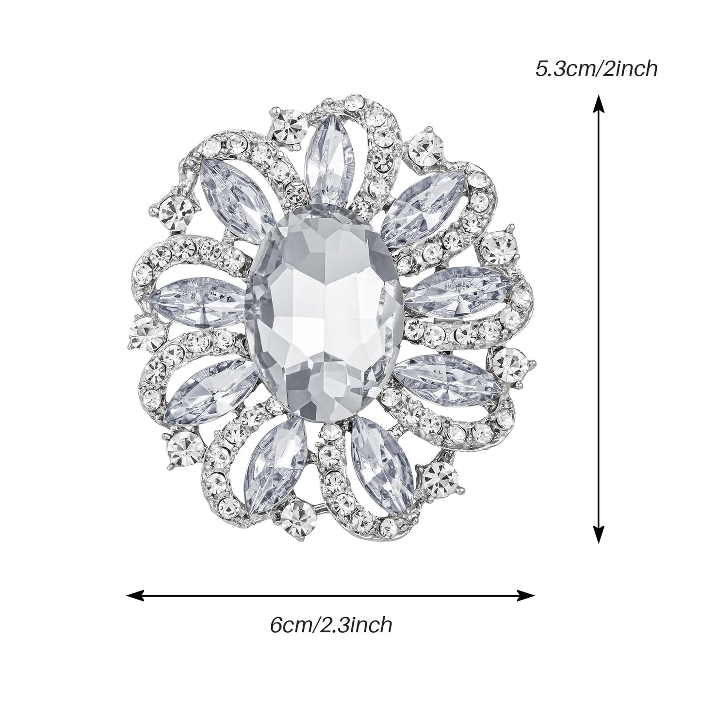 SELOVO Crystal Brooch with Oval Center Stone Sparkling Rhinestone Vintage Flower Design Wedding Bridal Pin Silver Tone