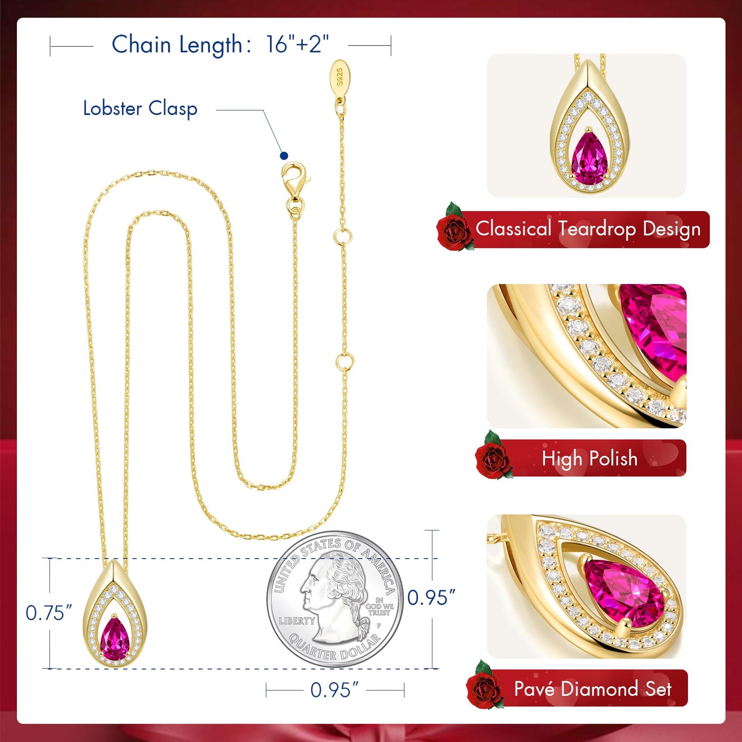 Kstyle 14k Gold Ruby July Birthstone Pendant Necklaces for Women Valentine's Day Birthday Gift Anniversary Jewelry for Wife Daughter Grandma Mom Sister Non Tarnish