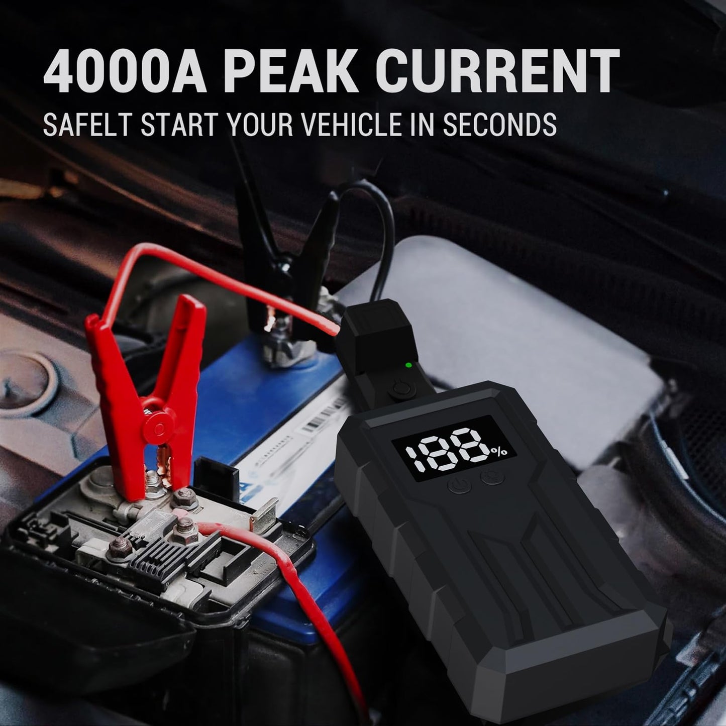 Jump Starter 4000A Peak, Portable Car Battery Jump Starter for 9L Gas 8L Diesel Engines, Power Pack with LED Flashlight, USB Quick Charge, Auto Battery Charger for Cars, Trucks, SUV, Gifts for Men