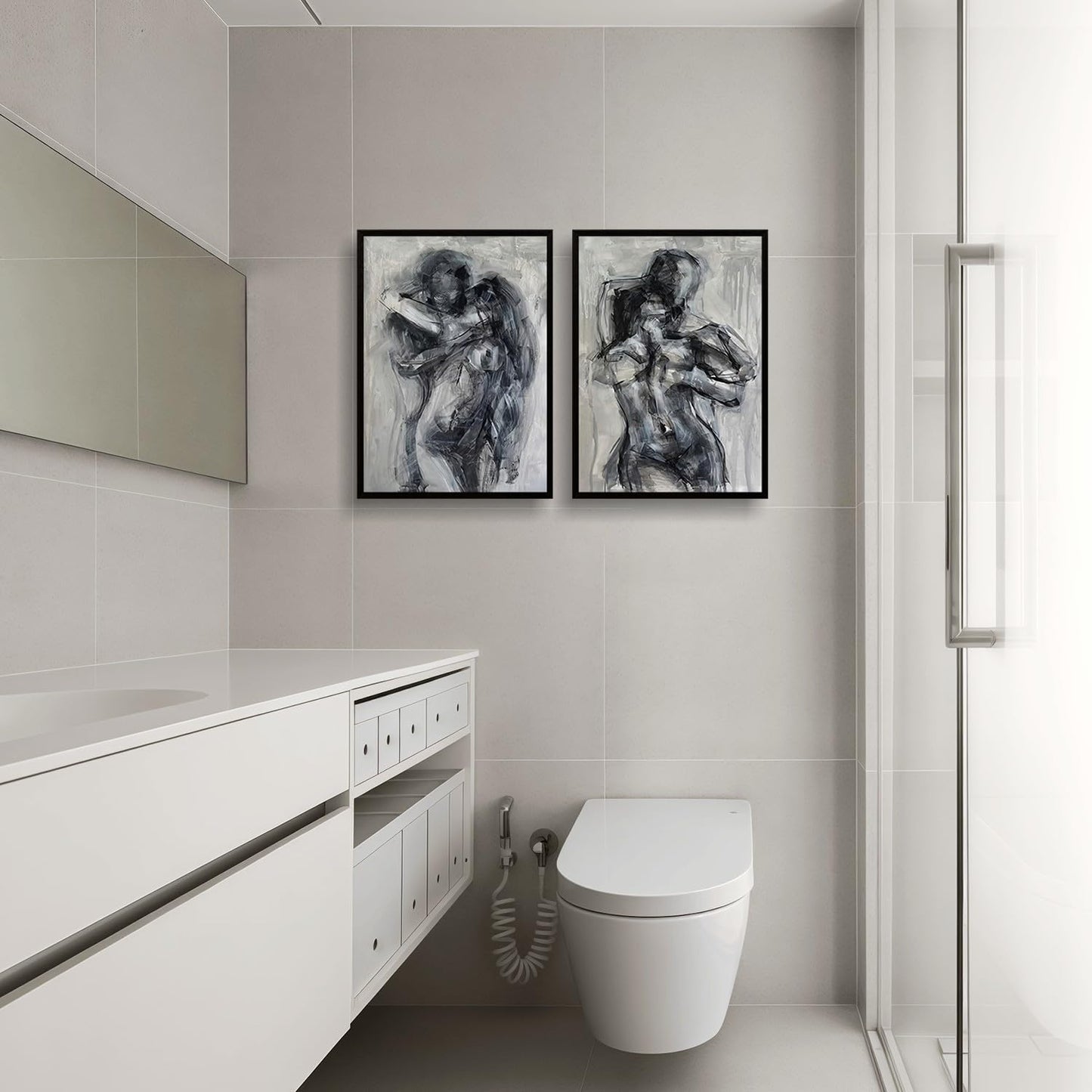 2Pcs Framed Black and White Bathroom Canvas Wall Art Abstract Nude Prints Couple Modern Gallery Style Painting Pen sketch Posters Decorations Bedroom Living Room Bathroom 12x16 Inch Ready to Hang