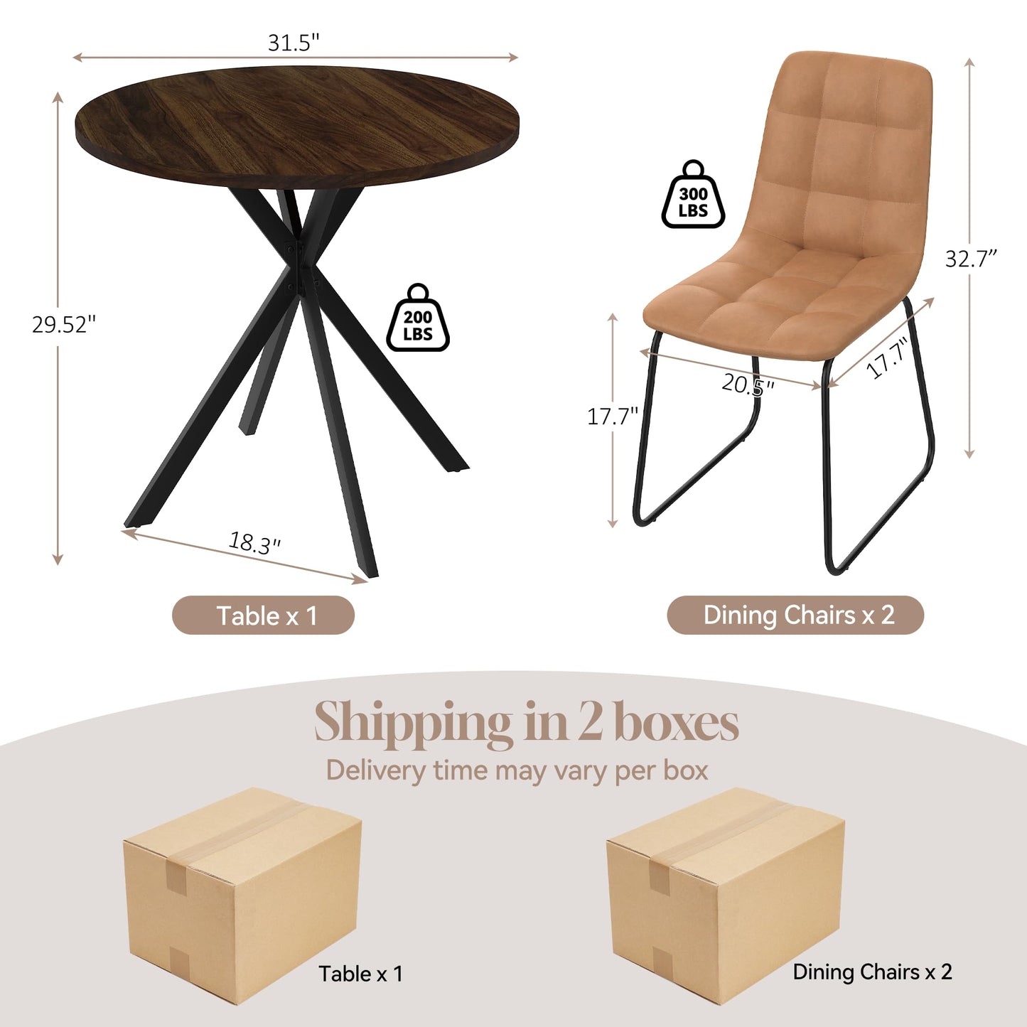 domusdisn 31.5" Round Dining Table Chairs Set for 2, Small Dining Table Chairs Set Space-Saving, Small Dinette Sets for 2 for Kitchen Dining Room Apartment(Walnut Table + Brown Chairs)