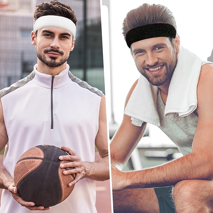 BEACE Sweatbands Sports Headband for Men & Women - Moisture Wicking Athletic Cotton Terry Cloth Sweatband for Tennis, Basketball, Running, Gym, Working Out