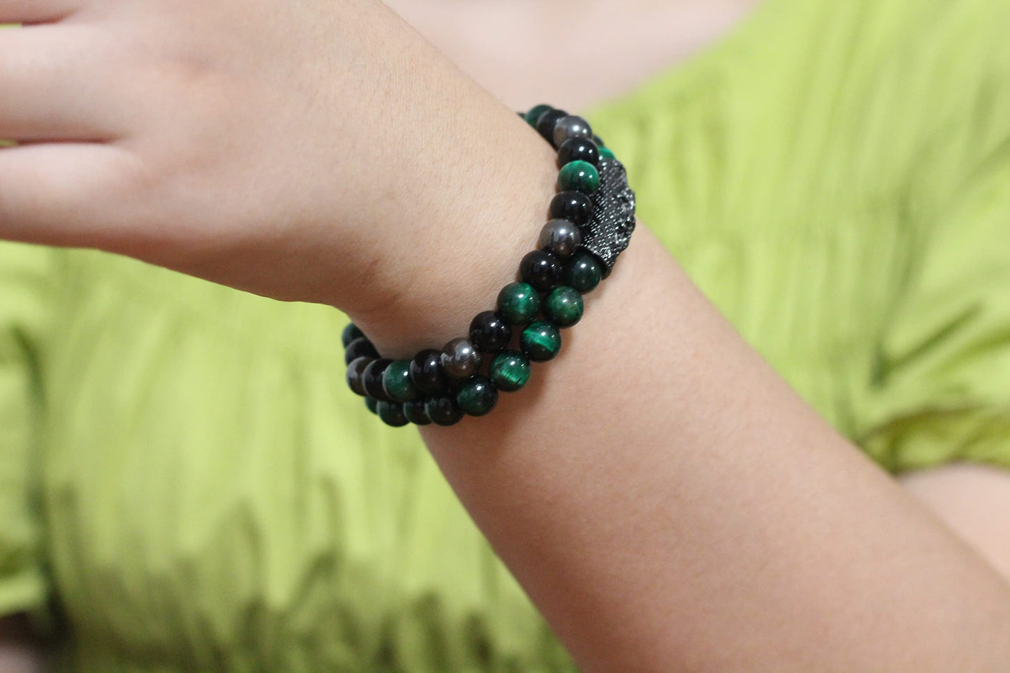 2Pcs Triple Protection Bracelet,Natural Tigers Eye Black Obsidian and Hematite 8 MM Beads Bracelet for Men Women Gift, Healing Crystal Bracelets Bring Luck and Prosperity and Happiness (Green)