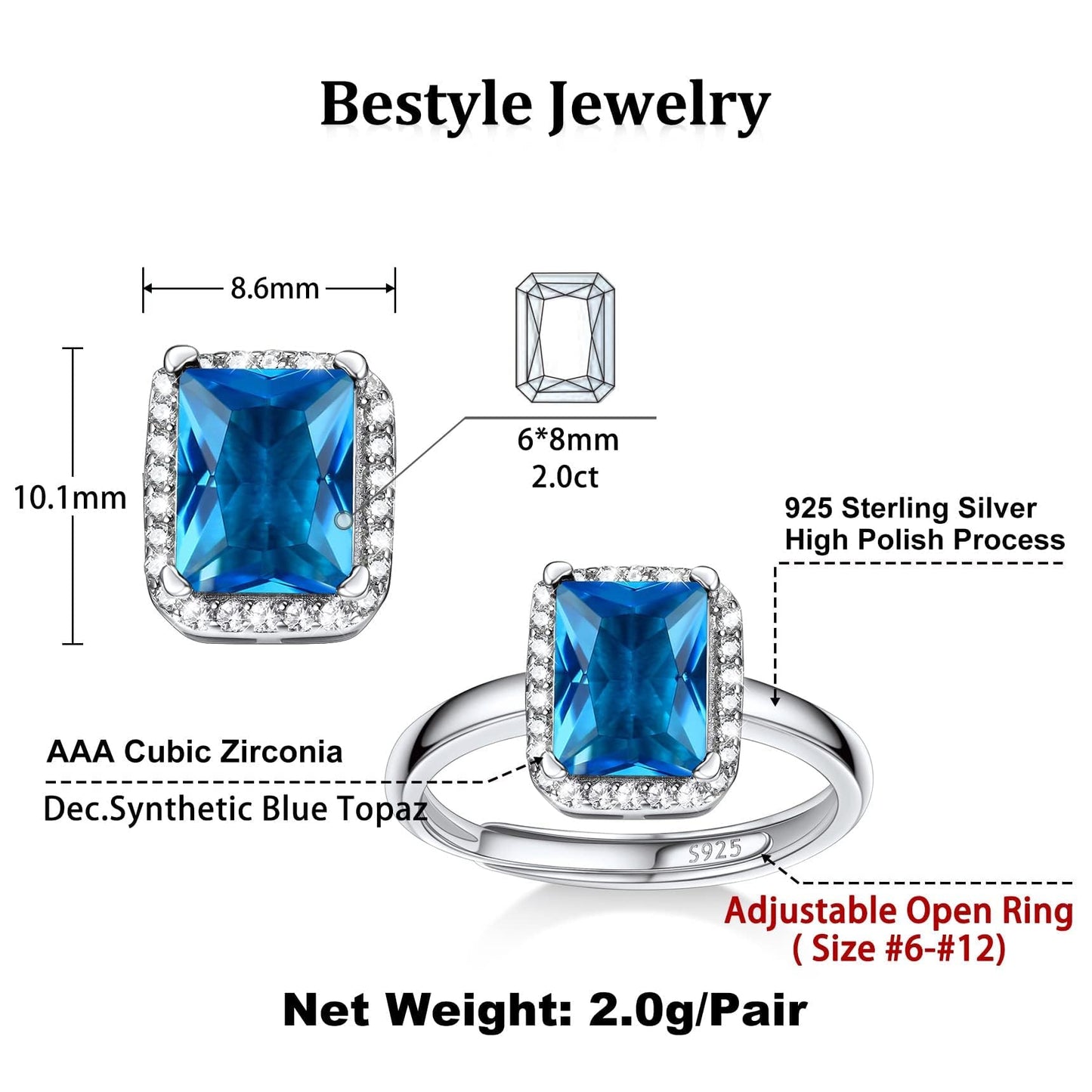 Bestyle CZ Square Diamond Rings 5mm December Blue Topaz Birthstone Solitaire Rings, 925 Sterling Silver Rings Jewelry Gift for Wedding Anniversary Birthday