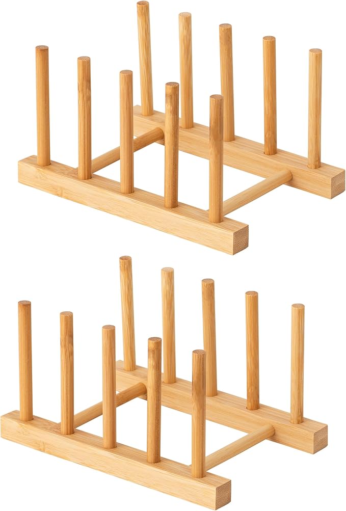 HBlife 2pcs Bamboo Dish Plate Bowl Cup Book Pot Lid Cutting Board Drying Rack Stand Drainer Storage Holder Organizer Kitchen Cabinet(Keep Dry)