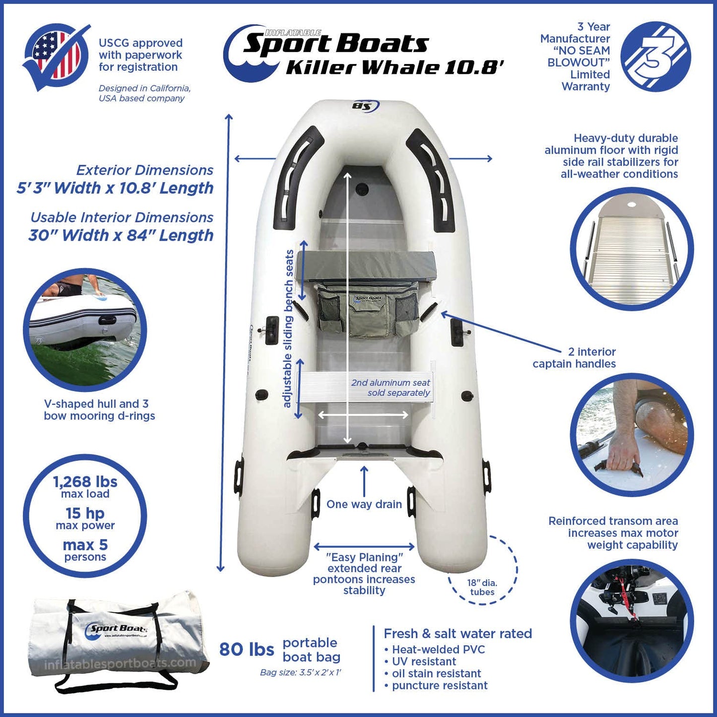 Inflatable Sport Boats Killer Whale 10.8' - Model SB-330 - Aluminum Floor Premium Heat Welded Dinghy with Seat Bag