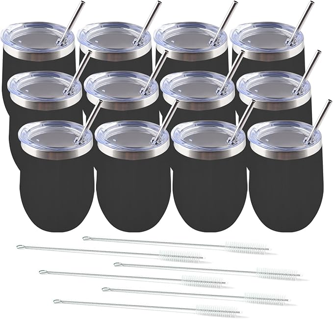 Amtidy 12 Pack Powder Coated Stainless Steel Tumbler with Lid,Equipped with straw and straw brush,12 oz Double Wall Vacuum Insulated Travel Tumbler Cup for Coffee, Wine, Cocktails