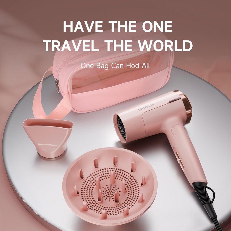 PRITECH 1250W Dual Voltage Travel Hair Dryer - Foldable Blow Dryer with Concentrator Diffuser,110V/220V Worldwide Use, Compact Lightweight Design, EU Plug Included