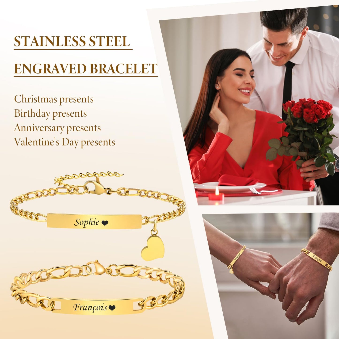 Personalized Matching Bracelet for Couple - Free Engraving Custom Couples Bracelets,Hypoallergenic Adjustable Stainless Steel Long Distance Relationship Jewelry,Promise Bracelet Gifts for Him and Her