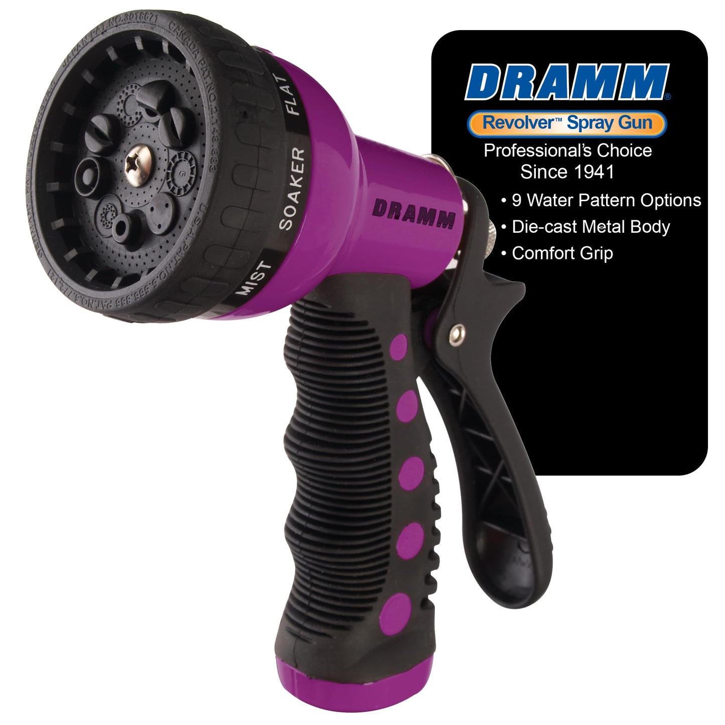 Dramm Revolver Heavy Duty Metal Garden Hose Nozzle â 9 Spray Patterns, High Pressure Jet, Thumb-Control Flow, Ergonomic Grip â Berry