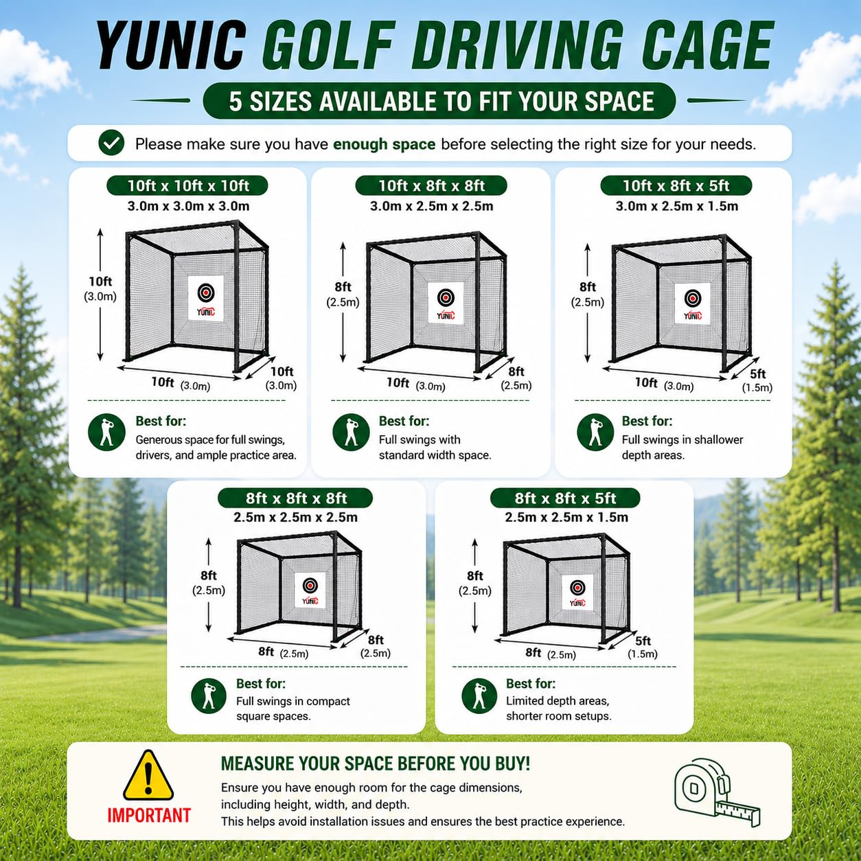 YUNIC Golf Driving Cage with Steel Frame, Golf Nets for Backyard Driving for Full Swing and Chipping Practice Indoor Outdoor (Black, 10'(W) x8'(H) x8'(D))