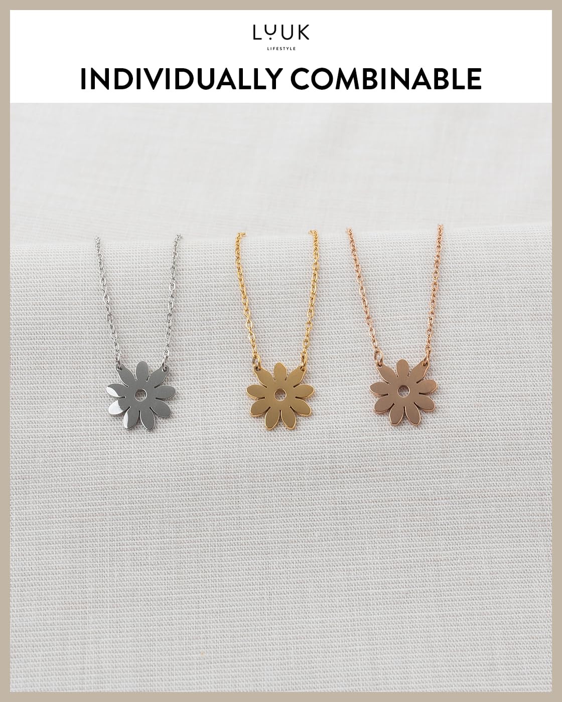 LUUK LIFESTYLE Flower pendant cute necklace, Stainless steel, 14k silver plated, with HAPPINESS Gift Card, 19in adjustable sturdy chain, dainty, modern, trendy, gifting season aesthetic