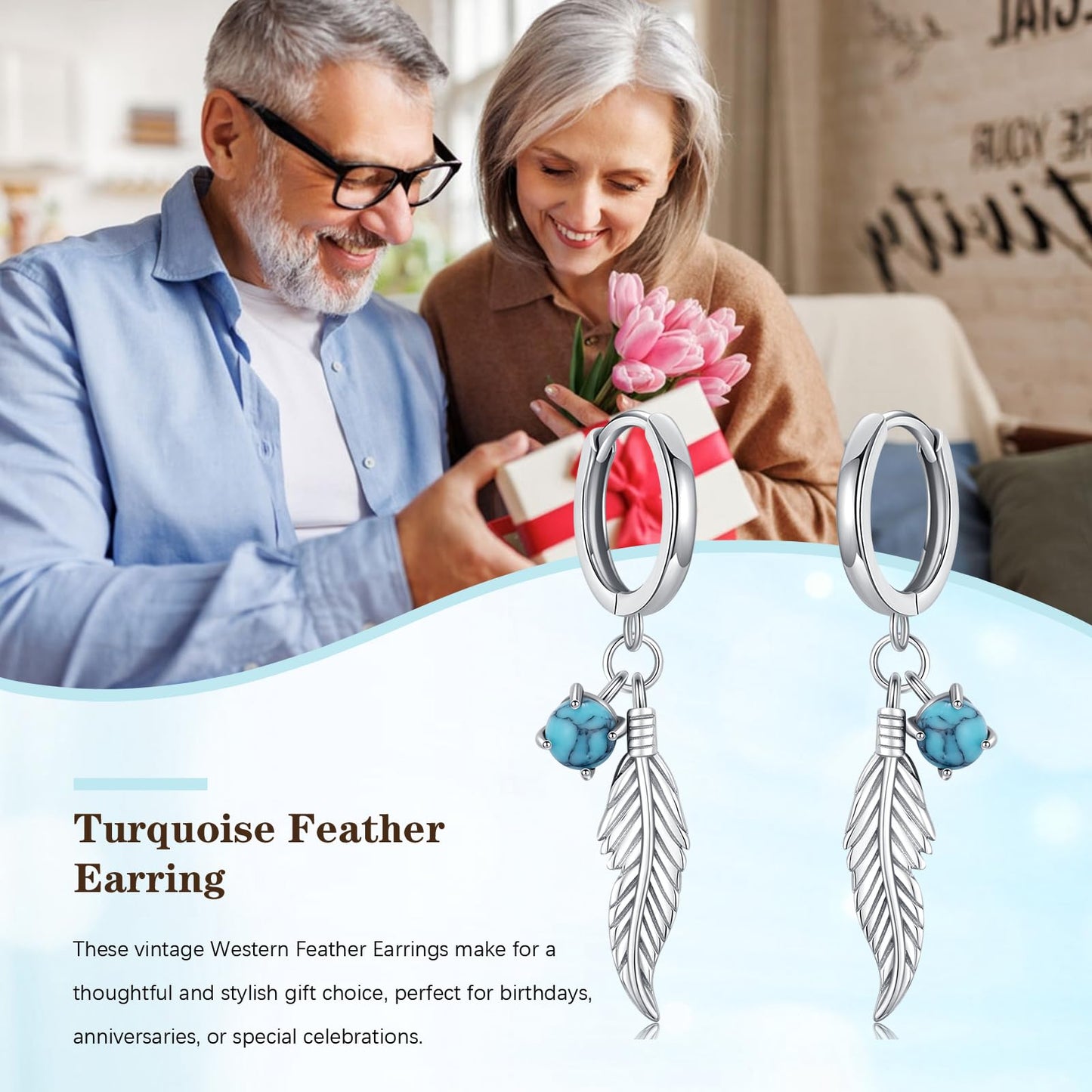 Feather Turquoise Earrings 925 Sterling Silver GenuineTurquoise Dangle Earrings Western Earring Native American Jewelry Indigenous Gifts for Women