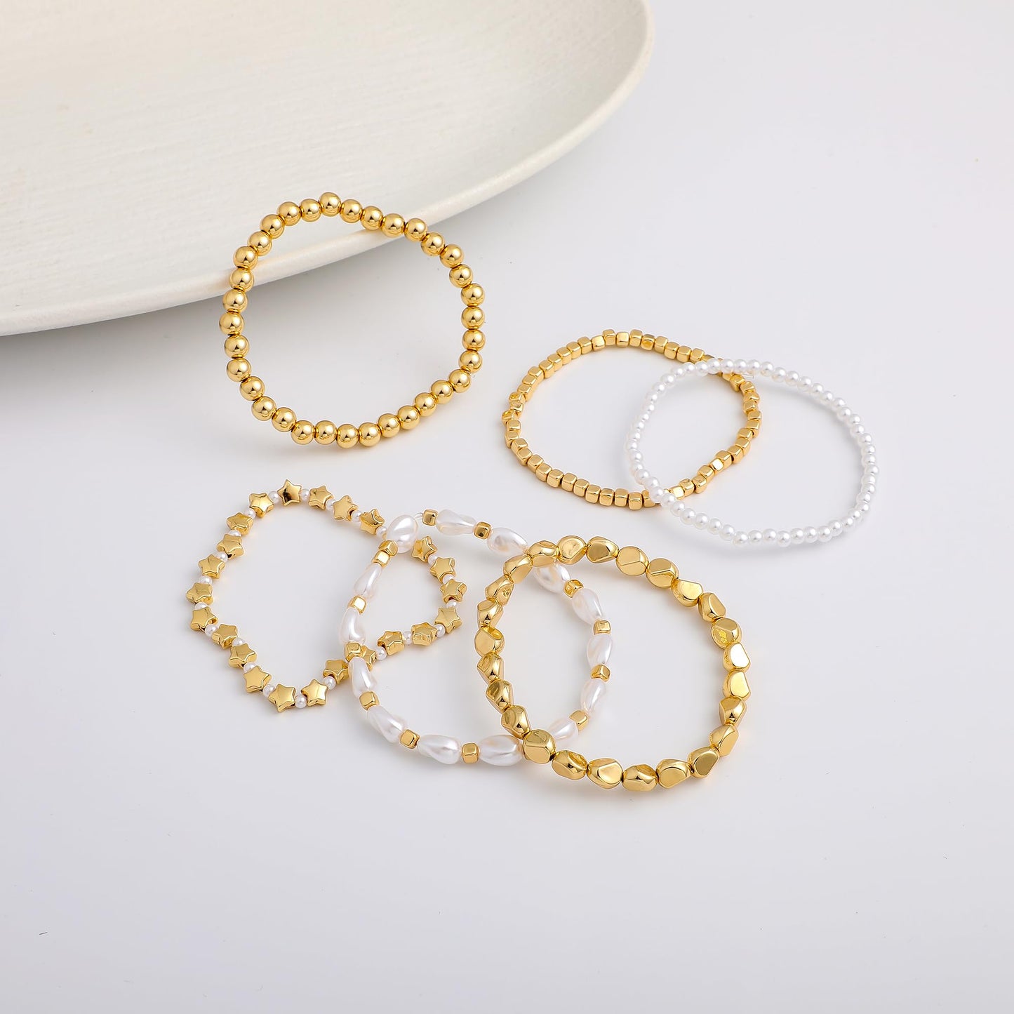 Sajidos Gold Plated Beaded Bracelets for Women Trendy, 14K Gold Plated Stack Cross Pearl Gold Plated Bead Stretch Bracelets Set Elastic Hypoallergenic Bracelets Jewelry Gifts (style11-star)