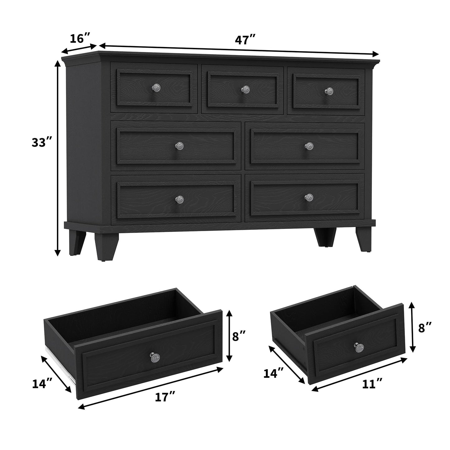 IDEALHOUSE 7 Drawer Dresser, Large Wooden Storage Chest of Drawers with Exquisite Metal Handles, 47" Wide Dresser TV Stand, Drawer Organizer for Bedroom, Living Room, Hallway, Entryway, Black