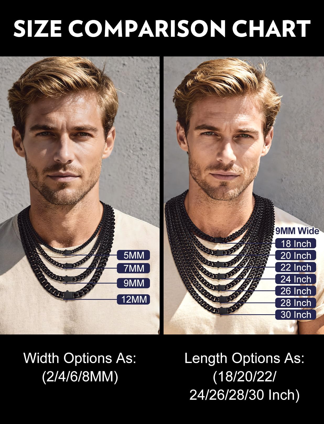 Bandmax 9MM Chunky Choker Necklace for Men Black Miami Link Chain Cuban Chains Mens Necklace Chain 18 Inch Gift for Husband Son Father